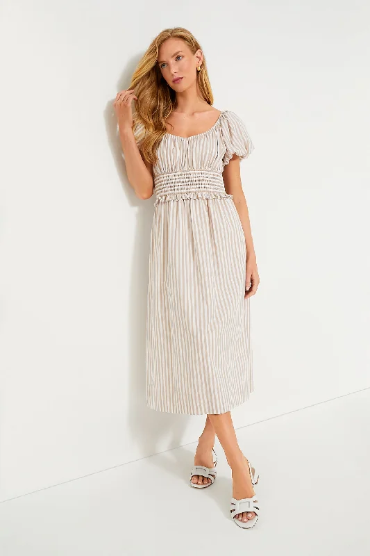 Tan Stripe Puff Sleeve Flynn Dress