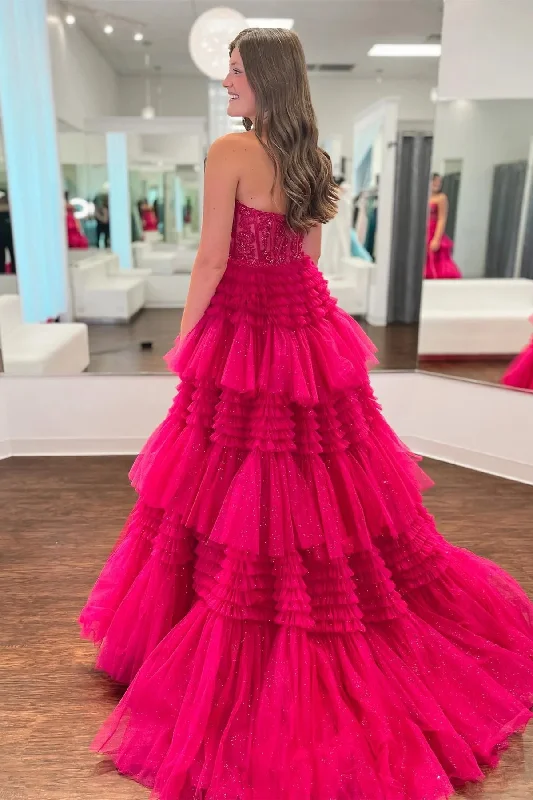 Fuchsia Multi-Layers Strapless Appliques A-line Tulle Long Prom Dress  PSK451