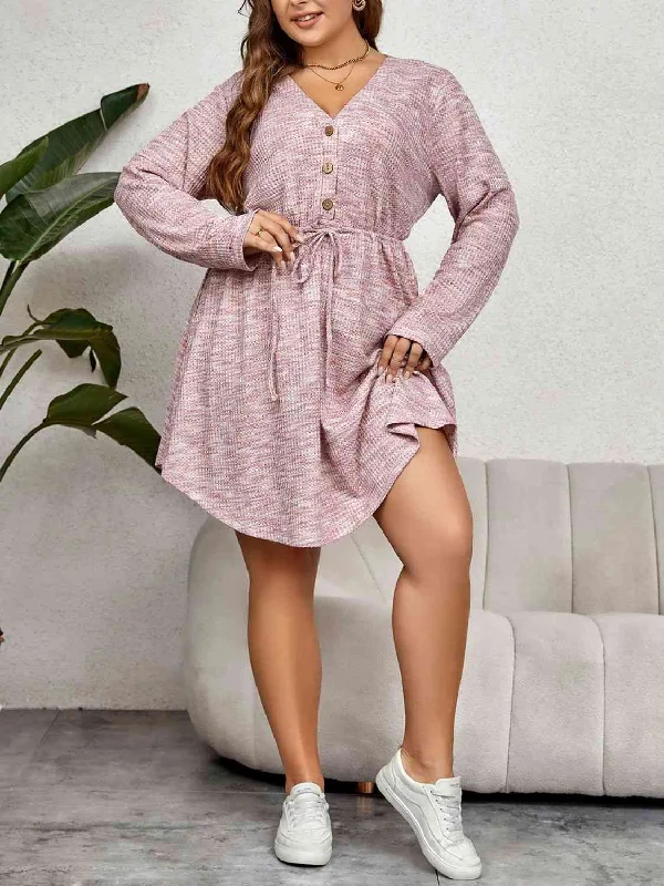 Plus Size V-Neck Tie Waist Long Sleeve Dress