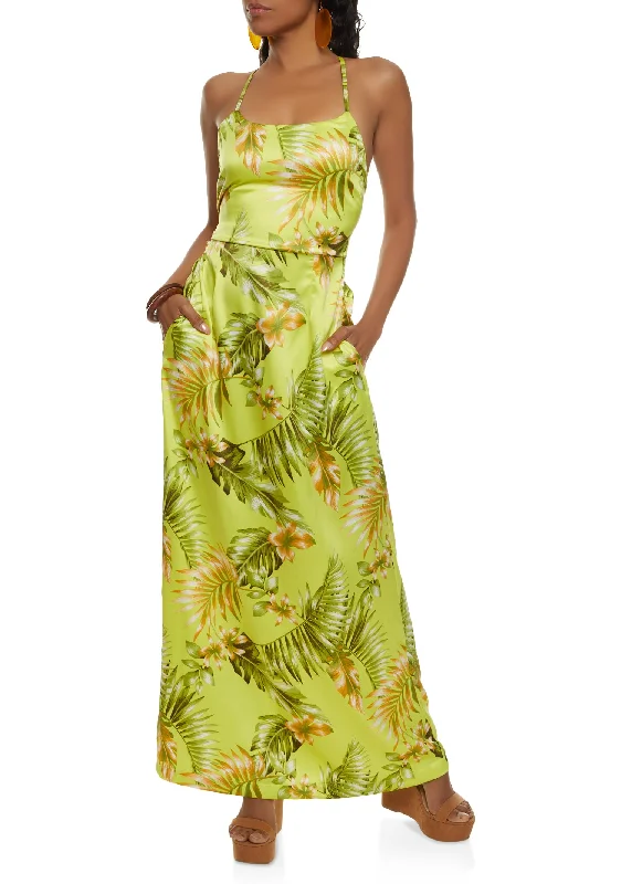 Haute Monde Open Criss Cross Back Tropical Print Maxi Dress