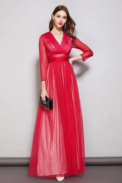 FashionSierra - Sexy V Neck Long Sleeves Ruched Waist Layered Elegant Maxi Dresses